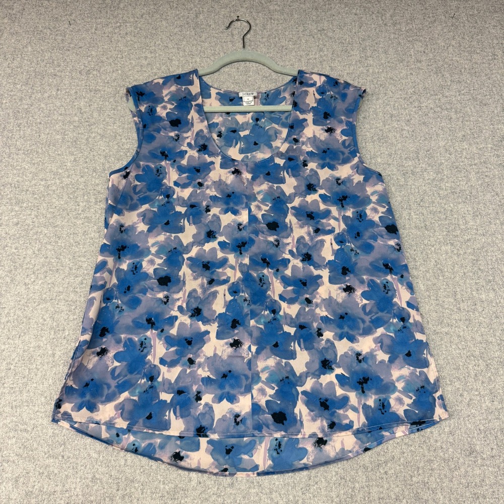 J.Crew Blouse Size 10 Blue Floral Sleeveless Scoop Neck Curved Hem Top 1678